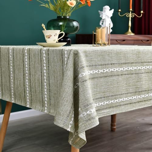 NEWISHER Rustic Farmhouse Embroidered Square Tablecloth Jacquard Striped Table Cloth Linen Washable Dining Table Cover Kitchen Dining Home Decoration Green 52x52 inch