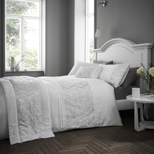 Portfolio Home Rouen Embellished Sequens Geometric White King Soft Easy Care Bed Linen Bedding Duvet Cover Quilt Set With Pillow Cases