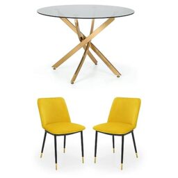 Julian Bowen Montero Glass Dining Table & 4 Chairs, Gold - W100xD100cm
