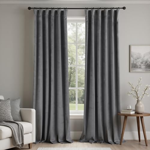 KOUFALL 52x84 Inch Length Grey Back Tab Velvet Curtains
