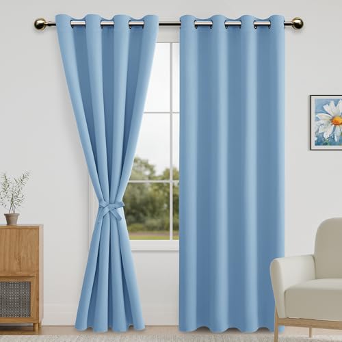 DWCN Blackout Curtains for Bedroom with Tiebacks - Room Darkening Privacy Grommet Top Window Curtains for Living Room, 52 x 84 inch Length,Light Blue,Set of 2 Panels
