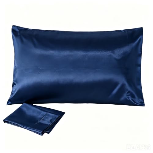 Juwenin Bedding,Luxury Satin Pillowcase with Zipper (Silky Satin Pillow Case for Hair) Set of 2 (Navyblue, Standard(20''x26''))