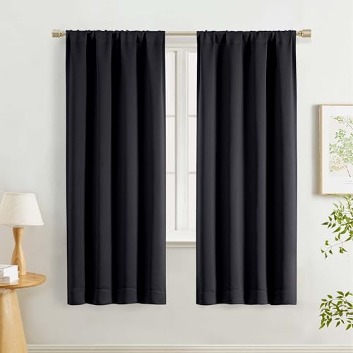 "Lecloud Black Blackout Curtains for Bedroom 63 Inch Length 2 Panels Set, Solid Thermal Insulated Curtain Drapes, Modern Rod Pocket Window Treatments for Living Room Dining Room Blinds, 40"" W x 63"" L"
