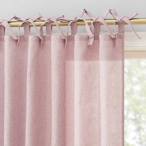 "Sun Zero Roxy Generation Slub Texture Tacked Bow Semi-Sheer Tie Top Curtain Panel, 50"" x 84"", Pink"