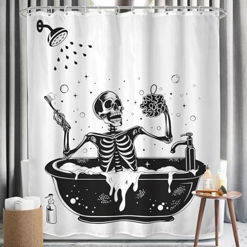LGhtyro Funny Skull Shower Curtain Bathroom Set 71Wx71H Inches Black White Gothic Skeleton Bone Bathing in Bathtub Bubbles Spooky Cool Bath Accessories for Men Boys Art Home Decor Fabric 12 Pack Hooks