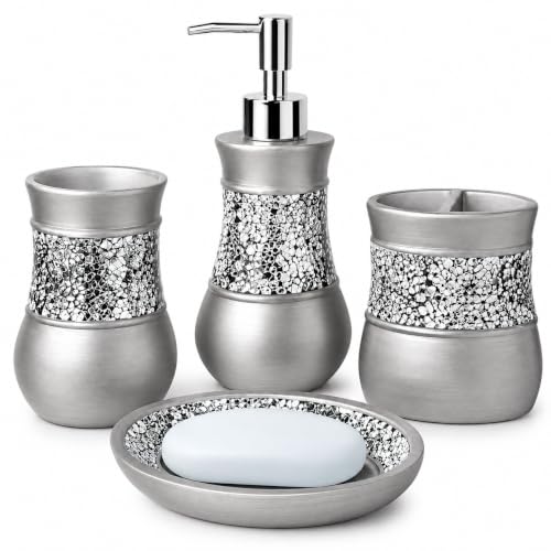 Creative Scents Brushed Nickel Bathroom Accessories Set, 4 Piece Bath Ensemble, Bath Set Collection Features Soap Dispenser Pump, Toothbrush Holder, Tumbler, Soap Dish- Silver Mosaic Glass