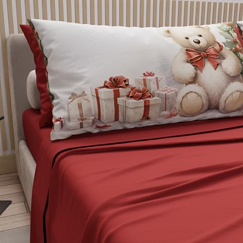 PETTI Italian Artisans - Cotton Sheets with Christmas Digital Print Pillowcases, Christmas Double Bed Sheets, Christmas Double Bed Set, Teddy Bear 01 Bordeaux, 100% Made in Italy