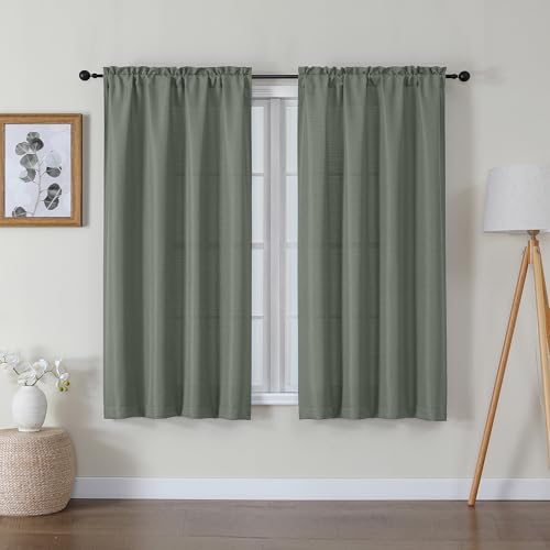 Lecloud Bessie Olive Green Curtains 54 Inch Length 2 Panels Set, Light Filtering Curtains Faux Linen Textured Drapes for Bedroom Living Room, Soft Airy Rod Pocket Window Treatments, Each 30 W x 54 L