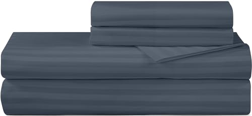 ROYALE LINENS 300 Thread Count 100% Long Staple Combed Cotton Striped Sheet Set - 4 Piece Queen Bed Sheets - 1 Fitted, 1 Flat & 2 Pillow Cases - Soft Cool & Crisp Sheet Set (Queen, Stripe Navy)