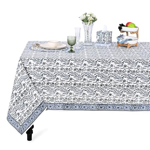 Ridhi -Baby Blue Eyes 70X108 Inch Rectangle 100% Cotton Hand Block Print Tablecloth Washable Halloween Thanksgiving/Christmas Parties/Wedding Use,Fall d??cor Farmhouse Dining Dinner tablecloths