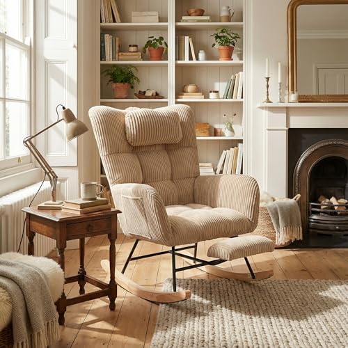 39F Furniture Dream Rocking Chair with Adjustable Footrest and Headrest, Comfortable Lounge Armchair for Living Room, Brown Corduroy Fabric, Wooden Legs, Side Pocket Storage, 65x90x92cm