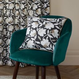 Fusion - Black Floral Cushion (43 x 43cm) - 100% Cotton - Filling Included - Piped Edge - White Flower Cushion with Covers Included/Cushion Inserts - Vintage Cushion with Floral Flowers