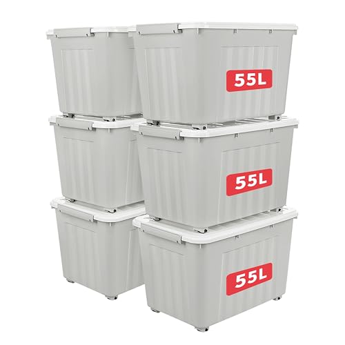 Cetomo 55L*6 Storage Boxes with Lids, Plastic Storage Box with Wheels and Secure Side Latches, Stackable & Nestable Organizer for Home, Office, Moving, PP, Gray, 55L-6 Pack