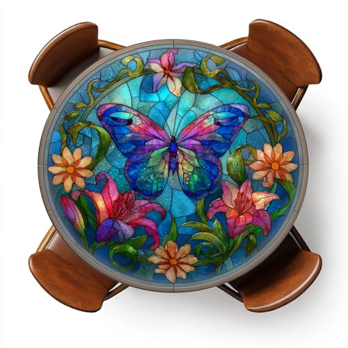 "YEYE JUICE Round Fitted Tablecloth with Elastic Outdoor Tablecloth for 36"" - 44"" Tables Waterproof Round Table Cover for Indoor Dinner, Picnic, Camping (Stained Glass Butterfly)"