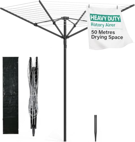 Vivo Technologies 4 Arm 50M Rotary Washing Line Heavy Duty Clothes Airer Dryer for Outdoor & Garden, Folding Large Rotary Clothes Line with Metal Ground Spike and Cover, Black