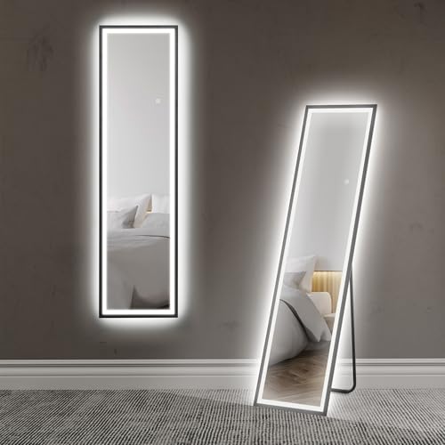 HOMCOM Full Length Mirror with LED Lights, 150 x 40cm Free Standing Mirror with Dimming and 3 Colour Lighting, Leaning or Wall with Metal Frame for Living Room, Bedroom, Black