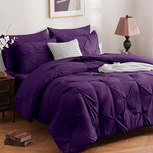 DOWNCOOL 7 Pieces Purple Full Size Comforter Sets, Pintuck Bed in A Bag, Pinch Pleat Full Size Bed Set, Soft Microfiber All Season Bedding Set with Sheets, Pillowcases & Shams