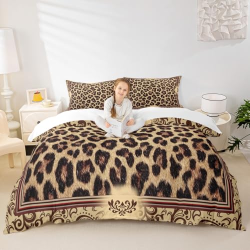 Brown Leopard Print Duvet Cover Set King Size,Kids Girls Woman Novelty Room Decor,Abstract Wild Animal Skin Comforter Cover,Paisley Floral Boho Bedding Set,Rustic Retro Quilt Cover,2 Pillowcases