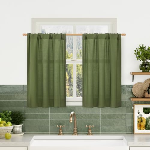LAMIT Short Linen Curtains 30 Inch Length for Small Window, Light Filtering Linen Textured Panels Rod Pocket Christmas Camper Drapes for Kitchen/RV Basement/Cafe, 2 Panels, 29 x 30 Inch, Olive Green