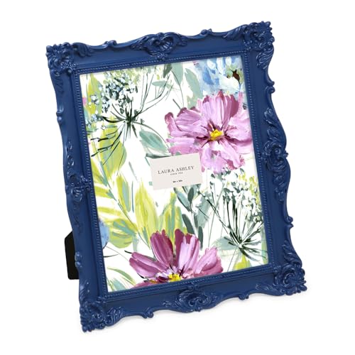 Laura Ashley 8x10 Navy Ornate Textured Hand-Crafted Resin Picture Frame with Easel & Hook for Tabletop & Wall Display, Decorative Floral Design Home Décor, Photo Gallery, Art, More (8x10, Navy)