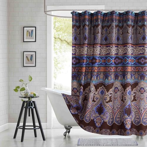 "BESTRIPES 90 Inch Boho Shower Curtain, Extra Long Brown and Blue Bohemian Paisley Pattern Waterproof Fabric Shower Curtains for Bathroom, 72"" W x 90"" H"