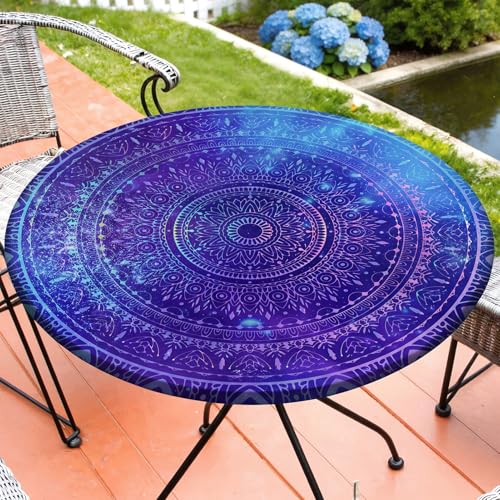 "Round Tablecloth Fitted Elastic Waterproof Table Cover for 36""-44"" Tables - Outdoor Round Tablecloth With Windproof Elastic Edges And Wipeable Fabric For Picnic And Patio Dining"