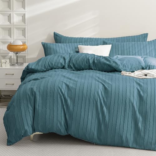 JELLYMONI Grayish Blue Duvet Cover Twin Size Bedding - 3PCS Microfiber Tufted Duvet Cover Set, Boho Striped Tufted Textured Duvet Cover with Corner Ties & Zipper Closure