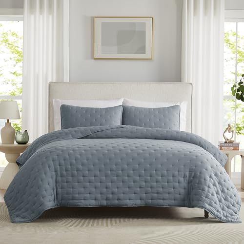 Blue Cloud Quilt King Size Bedding Set with Pillow Sham, Puffy Cozy Lightweight Bedspread Coverlet, Soft Cute Bed Cover for All Season - 3 Pieces, 104x90 inches