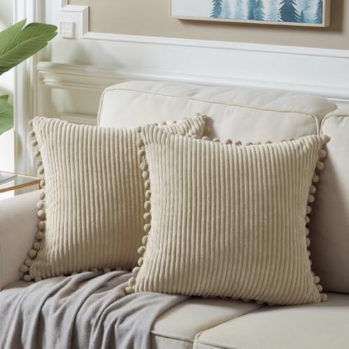 Fancy Homi Boho Throw Pillow Covers with Tassels, Square, Soft Corduroy Pillow Covers for Living Room, Couch, Sofa, Bedroom, Car, 2 Pack (18 x 18 Inch (45 x 45 cm), Khaki)