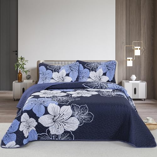"DJY 3 Pieces Quilt Set California King Navy Blue Floral Pattern Quilt Coverlet Set Gorgeous Boho Bedspread with 2 Pillow Cases Cozy Botanical Bedding Quilt Set for Teens Adults 106""x 96"""