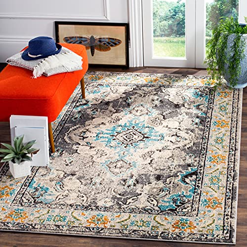 Safavieh Boho Chic Indoor Woven Rectangle Area Rug, Monaco Collection, MNC243, in Grey / Light Blue, 155 X 231 cm for Living Room, Bedroom or Any Indoor Space