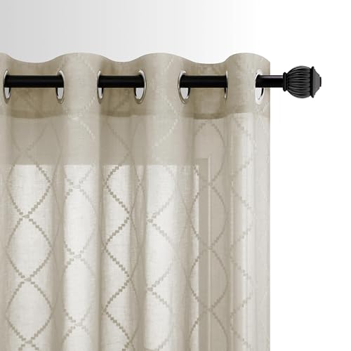 KOUFALL Faux Linen Textured Sheer Curtains for Living Room Bedroom Moroccan Tile Pattern 63 inch Length Brown Embroidered Lattice Curtains 2 Panels