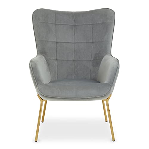 Premier Housewares Grey Velvet Chair. Square Tufting, Grey Velvet Upholstery, Sturdy Metal Base, Stylish Accent Piece, Durable and Sturdy, W71 x D80 x H98cm