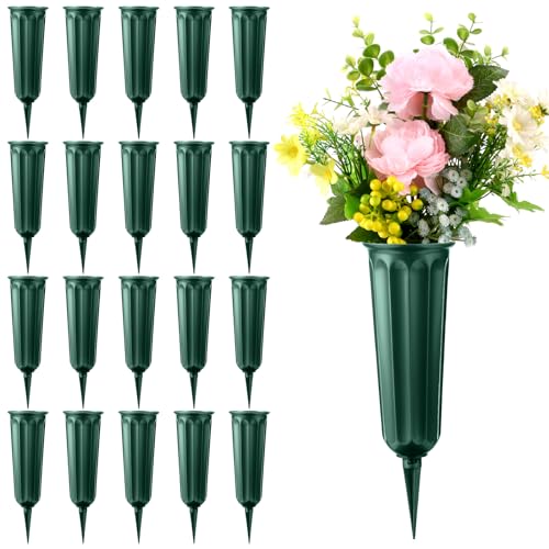 20 Pack Cemetery Vases with Spikes,Plastic Vases for Flowers,Grave Decorations for Cemetery,Grave Flower Holder,Memorial Floral Vase(Green)