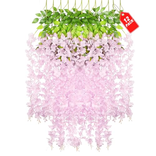 ZEBMOON 12 Pack Pink Wisteria Hanging Flowers, 3.44 Ft Fake Hanging Flowers, Artificial Wisteria Garland Vines for Wedding Room Backdrop Outdoor Patio Garden Decoration