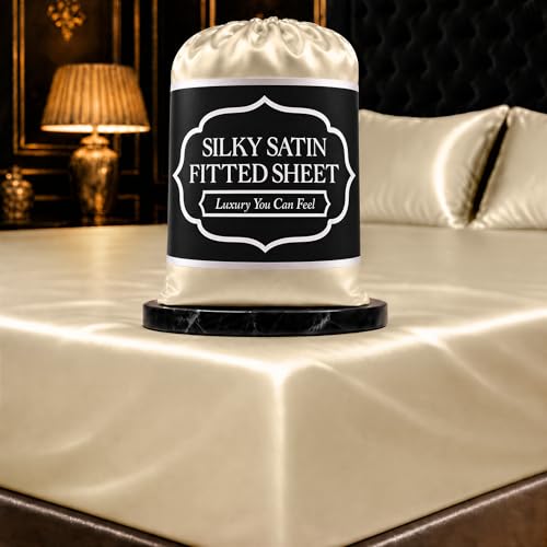 DECOLURE Satin Fitted Sheet Twin Size (1 PC) ??? Luxuriously Smooth & Softer Than Silk Bed Sheets w/ 15 Inch Deep Pocket Hypoallergenic Wrinkle Free, Secure Snug Fit, Elastic Corner Straps (Ivory)
