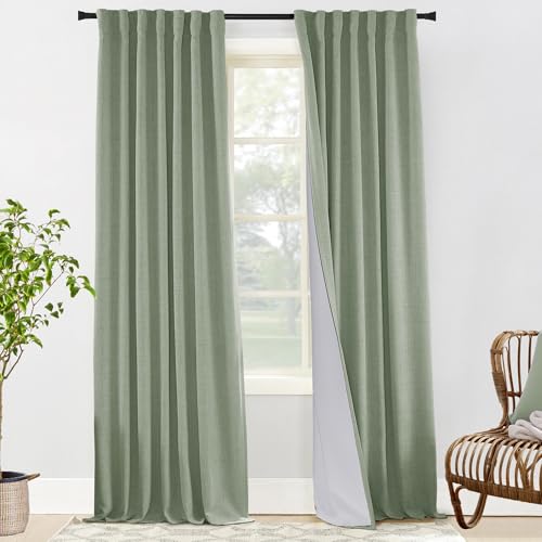 Sage Green Blackout Curtains 84 Inch Length 2 Panels Set for Bedroom Linen Aesthetic Boho Greyish Light Green Window Room Darkening Curtains for Living Room Kids Boys Room,Back Tab Pleated,84 In Long