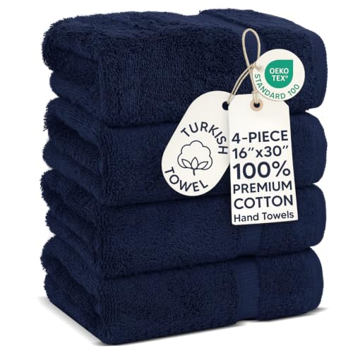 Chakir Turkish Linens 4 Piece Hand Towels, 100% Cotton Turkish Towels for Bathroom, Luxury Soft Absorbent Hand Towel Set, 16 x 30 Inches, Navy