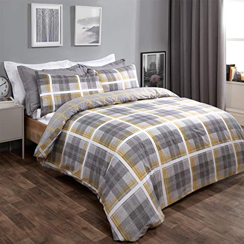 Dreamscene Denim Check Duvet Cover with Pillowcase Reversible Tartan Bedding Set, Ochre Yellow Grey - Single