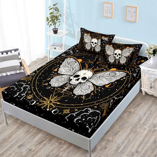 HOSIMA Gothic Butterfly Skull Bedding Queen,1 Fitted Sheet+2 Pillowcases. - Gothic Decor Lightweight Fitted Sheet Skull Boho Sun and Moon Pattern Bedding Set for Girls Bedroom