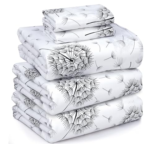"RUVANTI 100% Cotton Sheets ??? Split King Size Percale Bedding, Cooling & Breathable Floral Design, Durable with a Crisp, Soft & Comfortable Feel, 16"" Deep Pocket, 5-Piece Set, Dandelion"