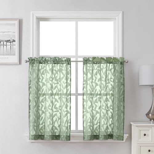 "Lecloud Leia Sage Green Sheer Kitchen Curtains 30 Inch Length 2 Pcs, Jacquard Leaf Textured Voile Short Curtains with Dual Rod Pocket, Farmhouse Bedroom Living Room Tiers, 30"" W x 30"" L"