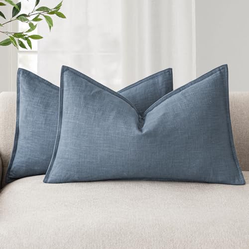 Foindtower Pack of 2, Decorative Linen Soild Throw Pillow Covers Soft Accent Lumbar Cushion Case Farmhouse Pillowcase for Chair Couch Sofa Bedroom Living Room Home Decor 12 x 20 Inch Misty Blue