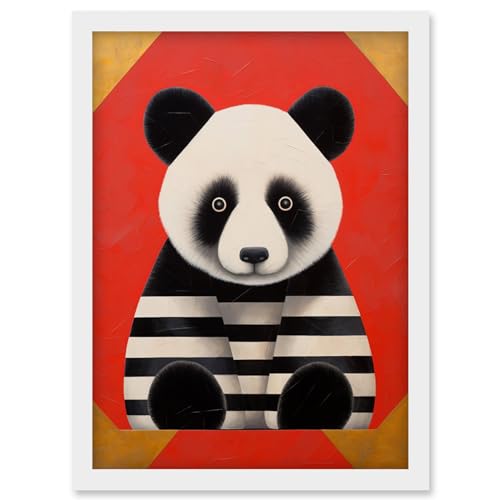 Artery8 Panda with Stripes Fun Kids Bedroom Baby Nursery Bright Bold Artwork Red Black White Artwork Framed Wall Art Print A4