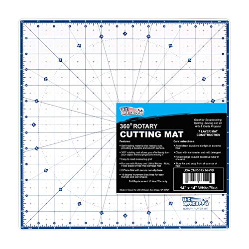 "U.S. Art Supply 14"" x 14"" Self-Healing Cutting Mat 7-Ply - Rotary White/Blue Craft Mat, Non-Slip Cutting Mats for Crafts, Sewing, Quilting, Scrapbooking"