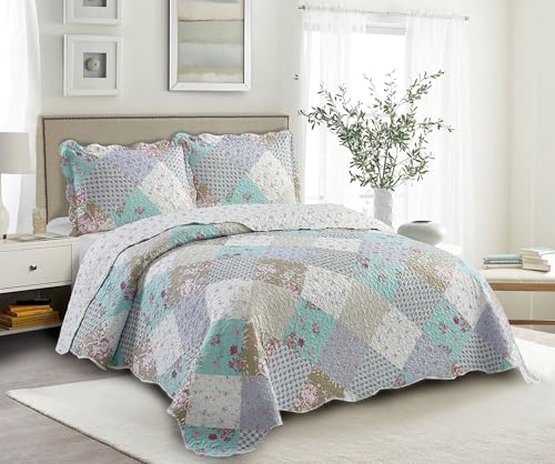 "Brilliant Sunshine Blue and Green Roses Quilt Queen Size, Patchwork Design Bedding Set with Shams, Reversible Bedspread, Soft Lightweight Coverlet for All Seasons (90""x90"")"