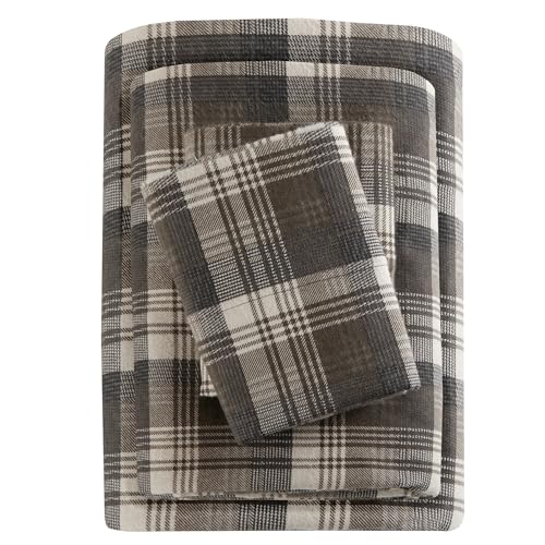"WOOLRICH Cotton Sheet Set Cottage Charms Print, 100% Cotton Flannel Sheets Warm & Fuzzy Bedding Set King Size Sheets, Fitted Pocket Fits Up to 14"" Mattress, King Brown Plaid, 4 Piece"