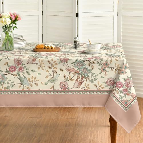 Horaldaily Floral Birds Square Tablecloth, 60x60 Inch - Pink Birds, Elegant Vintage Seasonal Table Cover, Washable