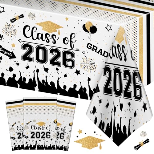 "Graduation Decorations Class of 2023 Tablecloth - 3 Pcs Plastic Congrats Grad Table Cloth, Graduation Table Cover for Graduation Party Decorations 2023 and Party Supplies, 54""x108"" (Black and Gold)"