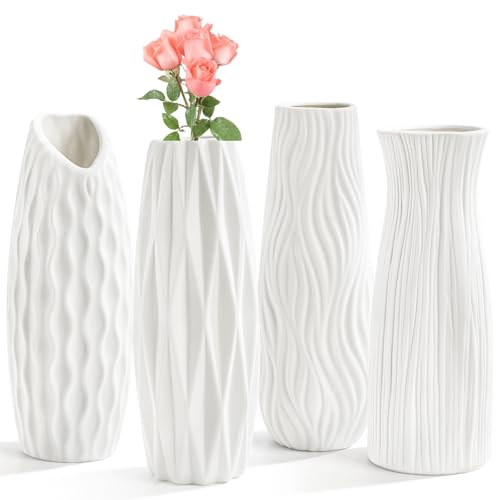 Peohud 4 Pack White Ceramic Flower Vases, 20cm / 9.5 Inch Tall Flower Vases for Home Decor, Modern Minimalist Floral Vase for Centerpieces, Table Shelf Bedroom Kitchen Living Room